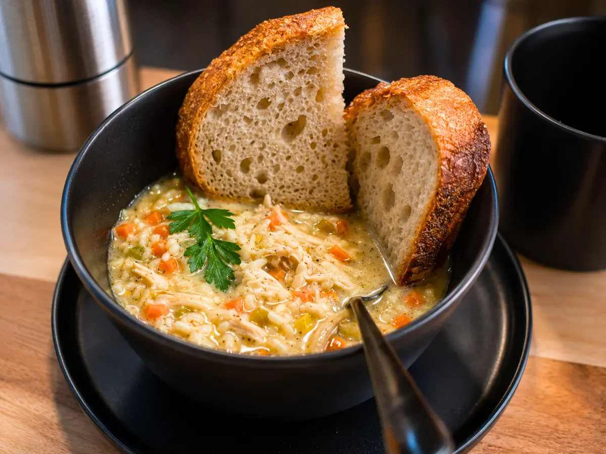 Soup catering setup with warmers and bread for an Indianapolis office event