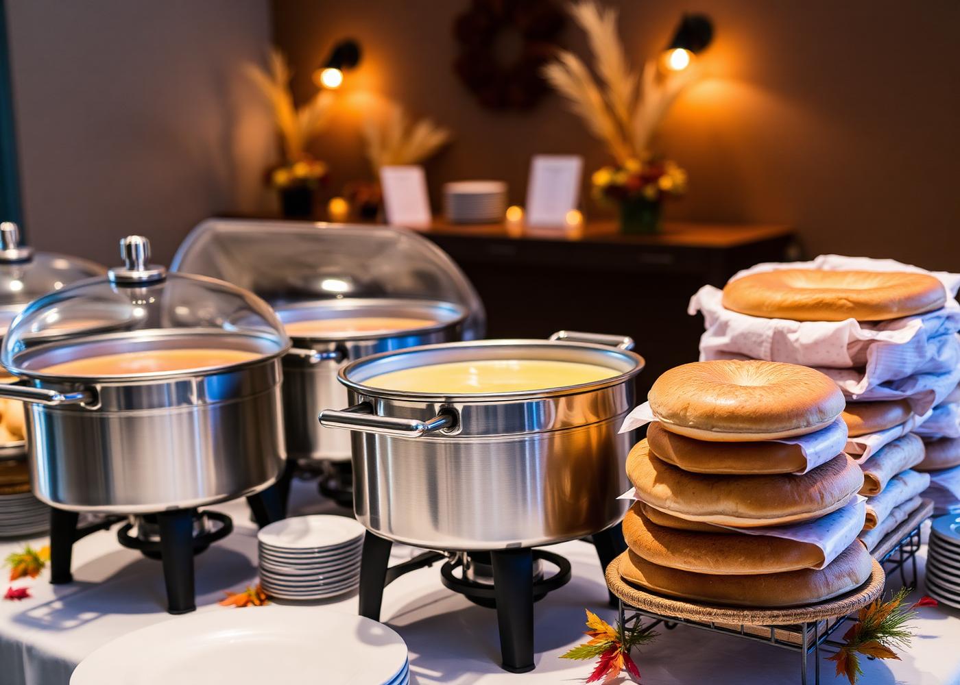 Soup catering setup with warmers and bread for an Indianapolis office event