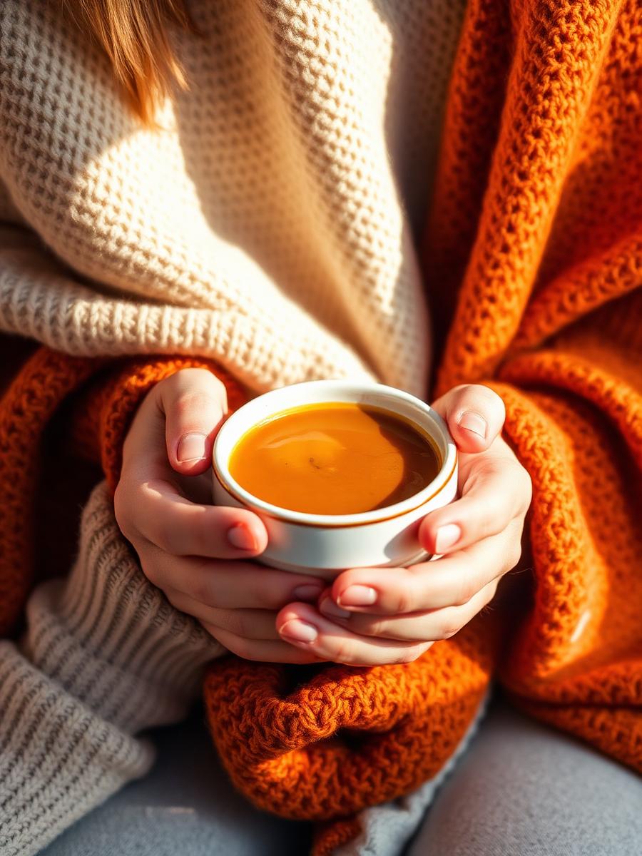 Hands holding a warm cup of soup under a blanket