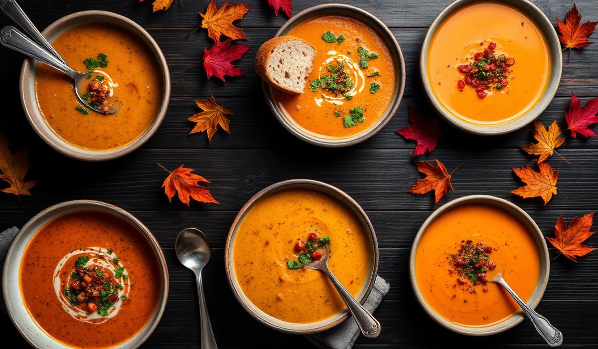Overhead spread of six homemade soups with autumn leaves