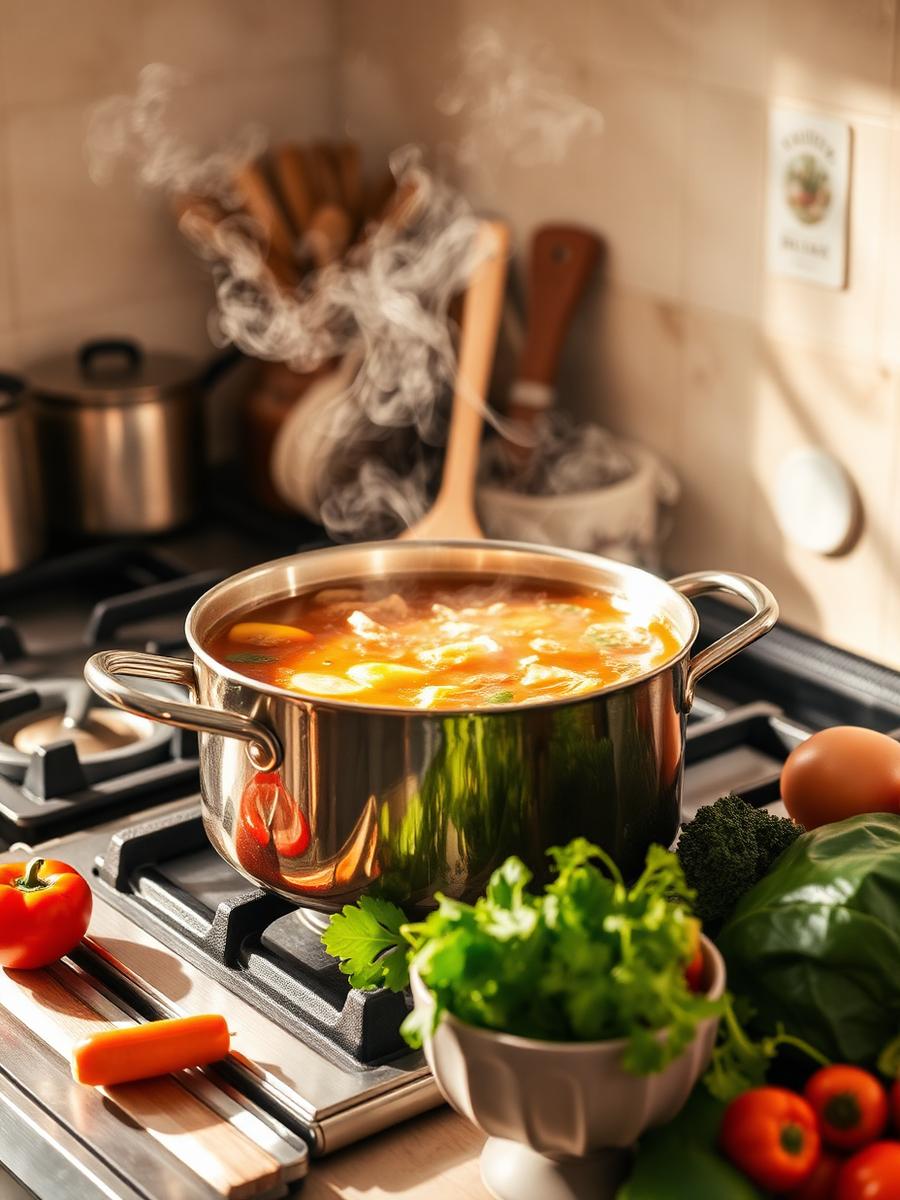 Stockpot of soup simmering in a home kitchen